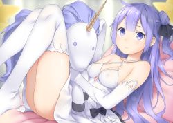 Rule 34 | 1girl, ahoge, ass, azur lane, bare shoulders, black bow, black ribbon, blurry, blurry background, blush, bow, breasts, closed mouth, commentary request, criss-cross halter, depth of field, dress, elbow gloves, gloves, hair bun, hair ribbon, halterneck, kirisawa shinji, knees up, long hair, looking at viewer, lying, no shoes, on back, one side up, purple eyes, purple hair, ribbon, side bun, single hair bun, single side bun, small breasts, smile, solo, star (symbol), stuffed animal, stuffed toy, stuffed winged unicorn, thighhighs, unicorn (azur lane), very long hair, white dress, white gloves, white thighhighs