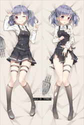 Rule 34 | 10s, 1girl, ;), arm up, artist name, bakugadou, bed sheet, belt, black dress, black footwear, black socks, blue hair, blush, breasts, closed mouth, collared shirt, commentary request, dakimakura (medium), dress, eyebrows, full body, green ribbon, groin, hair ribbon, kantai collection, kneehighs, knees together feet apart, long sleeves, looking at viewer, lying, mary janes, multiple views, navel, no shoes, on back, one eye closed, ooshio (kancolle), open mouth, pinafore dress, purple eyes, remodel (kantai collection), ribbon, see-through, shirt, shoes, sleeveless, sleeveless dress, small breasts, smile, socks, thigh strap, torn belt, torn clothes, torn dress, torn legwear, torn shirt, torn socks, twintails, v over eye, watermark, white shirt