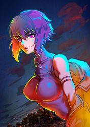 Rule 34 | 1girl, arm strap, bad id, bad pixiv id, breasts, cityscape, cloud, commentary request, dutch angle, eyelashes, foxyreine, ghost in the shell, ghost in the shell: sac 2045, high collar, highres, jacket, kusanagi motoko, leotard, lights, lipstick, looking at viewer, makeup, medium breasts, night, night sky, off shoulder, open mouth, parted lips, pink lips, profile, purple eyes, purple hair, ringed eyes, short hair, skin tight, sky, skyline, sleeveless, solo, sunset, upper body