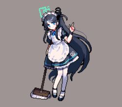Rule 34 | 17antares, 1girl, apron, aris (blue archive), aris (maid) (blue archive), black dress, black footwear, black hair, black wristband, blue archive, blue bow, blue bowtie, blue eyes, blush, bow, bowtie, broom, dress, flat chest, frilled apron, frills, full body, grey background, halo, hand up, holding, holding broom, index finger raised, long hair, looking at viewer, maid apron, maid headdress, official alternate costume, pantyhose, pixel art, puffy short sleeves, puffy sleeves, short sleeves, sidelocks, smile, solo, standing, very long hair, white apron, white pantyhose