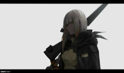 Rule 34 | 1girl, assault rifle, black gloves, black jacket, cero (last2stage), character name, closed mouth, eyepatch, girls&#039; frontline, gloves, gun, highres, holding, holding weapon, jacket, letterboxed, long hair, looking at viewer, m16, m16a1, m16a1 (boss) (girls&#039; frontline), m16a1 (girls&#039; frontline), multicolored hair, open clothes, open jacket, rifle, shirt, silver hair, simple background, solo, weapon, yellow eyes, yellow shirt