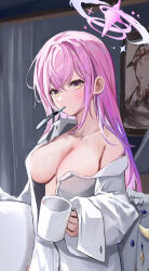 Rule 34 | 1girl, absurdres, angel wings, blue archive, breasts, commentary, cup, dana (hapong07), feathers, halo, highres, holding, holding cup, large breasts, long hair, long sleeves, mika (blue archive), mouth hold, pink hair, pink halo, shirt, solo, symbol-only commentary, toothbrush in mouth, white shirt, white wings, wings, yellow eyes