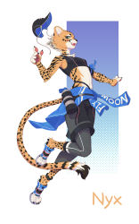 Rule 34 | 1girl, animal ear fluff, animal ears, animal feet, animal hands, animal nose, ankle watch, anklet, armband, bare shoulders, baseball cap, black hat, black leggings, black shorts, blue background, blue footwear, blue sweater, blush, body fur, bottle, breasts, brown fur, character name, cheetah ears, cheetah girl, cheetah tail, claws, clothes around waist, clothes writing, english text, fangs, feet, female focus, full body, furry, furry female, green eyes, hand up, happy, hat, highres, jewelry, jumping, leg up, leggings, light blush, lin mzhh, looking at viewer, midriff, multicolored fur, navel, nyx (lin mzhh), open mouth, original, outstretched arm, pawpads, shoes, shorts, simple background, small breasts, smile, solo, sports bra, spotted fur, spotted tail, stomach, sweater, sweater around waist, tail, teeth, toeless footwear, white fur, yellow fur