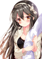 Rule 34 | 10s, 1girl, admiral (kancolle), arm hug, black hair, black shirt, blush, bow, brown eyes, closed mouth, collarbone, commentary request, couple, hair ornament, hairband, hairclip, haruna (kancolle), hetero, jacket, jewelry, kantai collection, long hair, looking at viewer, necklace, nogi takayoshi, open clothes, open jacket, out of frame, shirt, simple background, smile, solo focus, tareme, very long hair, white background, white bow, white hairband, white jacket