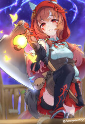 1girl absurdres alternate_costume animal_ears axe bike_shorts breasts brown_hair bug butterfly fortnite gloves grin hair_between_eyes hair_ornament halloween_costume highres horse_ears horse_girl horse_tail insect lantern looking_at_viewer peteron shoes small_breasts smile solo still_in_love_(umamusume) tail thighhighs umamusume veil weapon