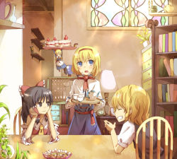 Rule 34 | 3girls, alice margatroid, bad id, bad pixiv id, black eyes, blonde hair, blue eyes, book, bookshelf, bow, brown hair, cake, cake slice, chair, day, detached sleeves, doll, closed eyes, female focus, food, fruit, grin, hair bow, hairband, hakurei reimu, hands on own face, indoors, japanese clothes, kirisame marisa, lamp, long hair, miko, multiple girls, no headwear, no headwear, pastry, plant, shanghai doll, short hair, sitting, smile, sou (tuhut), stained glass, strawberry, strawberry shortcake, table, tea set, touhou, tray