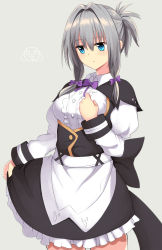 Rule 34 | 1girl, alternate costume, apron, artist logo, black dress, black ribbon, blue eyes, bow, breasts, center frills, character request, closed mouth, collared dress, commentary request, cowboy shot, dress, enmaided, expressionless, frilled dress, frills, grey background, grey hair, hair between eyes, hair bow, hair intakes, hair ribbon, hand up, highres, juliet sleeves, long sleeves, looking away, looking down, mahcdai, maid, medium breasts, neck ribbon, original, puffy sleeves, purple bow, purple ribbon, ribbon, short dress, short hair with long locks, simple background, skirt hold, solo, tress ribbon, underbust, waist apron, white apron, wing collar