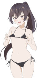 1girl absurdres areola_slip bikini bikini_top_lift black_bikini black_eyes black_hair blush breasts clothes_lift collarbone cowboy_shot daichi777zz halterneck high_ponytail highres long_hair looking_at_viewer navel open_mouth side-tie_bikini_bottom simple_background small_breasts solo string_bikini suou_yuki swimsuit tokidoki_bosotto_roshia-go_de_dereru_tonari_no_alya-san white_background