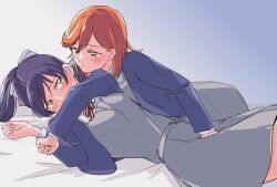 Rule 34 | 2girls, artist request, bed sheet, black hair, closed mouth, commentary request, covering face, embarrassed, fingernails, gradient background, hair between eyes, hair ribbon, hand on another&#039;s crotch, hazuki ren, highres, kikorinolily, long hair, looking at another, love live!, love live! superstar!!, lying, medium hair, multiple girls, on back, on bed, orange hair, ponytail, purple eyes, ribbon, school uniform, shibuya kanon, yellow eyes, yuigaoka school uniform, yuri