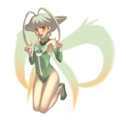 Rule 34 | 1girl, :d, antenna hair, ar tonelico, ar tonelico ii, armpits, blush, bodysuit, breasts, clenched hands, curly hair, detached sleeves, fairy wings, flipped hair, frelia (ar tonelico), frelia ansul solmarta, full body, green hair, grin, gust, happy, kneeling, leotard, looking at viewer, multicolored wings, open mouth, parted bangs, short hair, simple background, skin tight, small breasts, smile, solo, terumii, white background, wings, yellow eyes