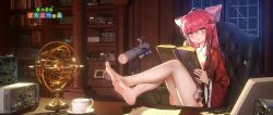 Rule 34 | 1girl, animal crossing, armchair, armillary sphere, bare legs, barefoot, blush stickers, book, bookshelf, bow, celeste (animal crossing), chair, chinese commentary, commentary request, computer, crossed legs, cup, daodian ji, desk, feet, feet on table, green eyes, hair bow, highres, holding, holding book, humanization, indoors, jacket, logo, long hair, long sleeves, looking at viewer, meteor shower, night, night sky, nintendo, on chair, pink bow, pink hair, pink skirt, red hair, red jacket, shooting star, sitting, skirt, sky, smile, solo, star (sky), teacup, telescope, window
