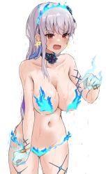 Rule 34 | 1girl, absurdres, bare shoulders, blue fire, blush, bracelet, breasts, collarbone, earrings, fate/grand order, fate (series), fire, flower, hair flower, hair ornament, highres, jewelry, kama (fate), kama (swimsuit avenger) (fate), kama (swimsuit avenger) (third ascension) (fate), kopaka (karda nui), large breasts, long hair, nail polish, navel, open mouth, red eyes, silver hair, solo, star (symbol), star earrings, wet