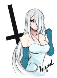 Rule 34 | 1girl, bare shoulders, blue eyes, breasts, cleavage, cross, cross necklace, female focus, gloves, hair over one eye, inverted cross, jewelry, large breasts, long hair, necklace, nightcreepmax, parasoul (skullgirls), skullgirls, solo, tagme, upper body, white hair