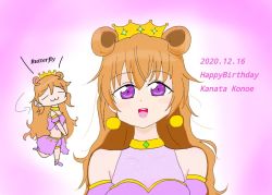 Rule 34 | 1girl, artist name, artist request, bare legs, blush, bracelet, breasts, brown hair, butterfly (love live!), cat smile, choker, cleavage, closed eyes, clothing cutout, collarbone, cropped shirt, crown, detached sleeves, double bun, dress, dress shirt, dual persona, earrings, female focus, full body, gold bracelet, hair between eyes, hair bun, hair rings, harem outfit, high heels, jewelry, konoe kanata, long hair, looking at viewer, love live!, love live! nijigasaki high school idol club, love live! school idol festival, navel, parted lips, pink background, pink shirt, pink shorts, puffy short sleeves, puffy sleeves, purple eyes, purple footwear, purple shirt, purple shorts, shirt, short sleeves, shorts, shoulder cutout, smile, solo, sparkle, standing, standing on one leg, two side up, upper body, yellow bracelet, yellow choker