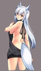 Rule 34 | 1girl, animal ears, backless dress, backless outfit, bad id, bad twitter id, bare back, blush, breasts, cowboy shot, dress, fox ears, fox tail, grey background, koneko (nonnkimono), large breasts, long hair, looking back, meme attire, midriff, naked sweater, open mouth, original, red eyes, ribbed sweater, sideboob, silver hair, simple background, sketch, solo, sweater, sweater dress, tail, turtleneck, turtleneck sweater, virgin killer sweater