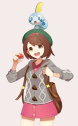 Rule 34 | 1girl, :d, :o, backpack, bag, blue eyes, brown eyes, brown hair, cardigan, collarbone, commentary request, creatures (company), game freak, gen 8 pokemon, gloria (pokemon), green hat, hat, holding, holding poke ball, long sleeves, looking up, nintendo, open mouth, poke ball, poke ball (basic), pokemon, pokemon (creature), pokemon swsh, s himapanda, shirt, short hair, simple background, smile, sobble, standing, tam o&#039; shanter