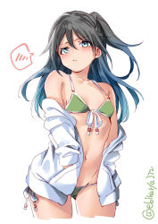 Rule 34 | 1girl, bare shoulders, bikini, black hair, blue eyes, breasts, cleavage, closed mouth, collarbone, contemporary, cowboy shot, cropped legs, ebifurya, front-tie top, frown, gluteal fold, gradient hair, green bikini, hair ribbon, hands in pockets, highres, hood, hood down, hoodie, kantai collection, katsuragi (kancolle), long hair, looking at viewer, lowleg, lowleg bikini, multicolored hair, navel, ponytail, ribbon, simple background, small breasts, solo, spoken blush, stomach, swimsuit, twitter username, white background, white hoodie