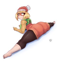Rule 34 | 1girl, arms (game), ass, barefoot, blonde hair, feet, fifferdraws, flexible, green eyes, highres, legs, looking back, lying, mask, min min (arms), on stomach, short hair, shorts, solo, split, thighs, white background