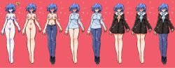 Rule 34 | absurdres, aoba (aunana), blue eyes, blue hair, blush, breasts, coat, cold, cyborg, denim, eyes visible through hair, fashion, fur collar, highres, jeans, joints, large breasts, miyuki mama, nipples, nude, pants, robot joints, sweater, topless, turtleneck, turtleneck sweater