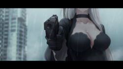 1girl aiming black_choker black_dress black_gloves blue_archive breasts choker cleavage dress gloves grey_hair gun handgun holding holding_gun holding_weapon junu_(jwoo5627) large_breasts long_hair rain shiroko_(blue_archive) shiroko_terror_(blue_archive) sig_p220/p226 sig_sauer weapon wet