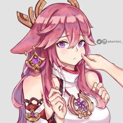 Rule 34 | 1girl, 1other, artist name, blush, breasts, cheek pinching, closed mouth, detached sleeves, ear piercing, earrings, genshin impact, hair between eyes, hair ornament, hand on another&#039;s cheek, hand on another&#039;s face, highres, instagram logo, instagram username, japanese clothes, jewelry, kamiiart, kimono, large breasts, long hair, looking at viewer, piercing, pinching, pink hair, pink nails, purple eyes, sidelocks, twitter logo, twitter username, white kimono, yae miko