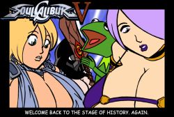Rule 34 | 2girls, black border, border, breasts, cleavage, copyright name, darth vader, english text, flat color, hair over one eye, huge breasts, humor, isabella valentine, kermit the frog, multiple girls, muppets, parted lips, purple hair, purple lips, sophitia alexandra, soul calibur, star wars, what
