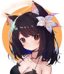 Rule 34 | 1girl, animal ear fluff, animal ears, black hair, breasts, brown eyes, cat ears, cat girl, character request, cleavage, commission, copyright request, daikazoku63, earrings, expressionless, flower, hair flower, hair ornament, halo, highres, jewelry, large breasts, looking at viewer, medium hair, portrait