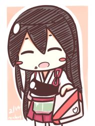 Rule 34 | 10s, 1girl, ^ ^, akagi (kancolle), artist name, blush stickers, box, brown hair, dated, closed eyes, food, food on face, gift, gift box, giving, hair between eyes, heart, holding, holding gift, incoming gift, japanese clothes, kantai collection, long hair, muneate, nontraditional miko, open mouth, red skirt, rexlent, skirt, smile, solo, straight hair, tasuki, valentine