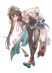 Rule 34 | 1girl, aqua footwear, bare shoulders, belt, blush, breasts, brown hair, brown pantyhose, cleavage, closed mouth, coat, cosplay, djeeta (granblue fantasy), djeeta (granblue fantasy) (doctor), djeeta (granblue fantasy) (doctor) (cosplay), dress, flower, granblue fantasy, grey dress, hair between eyes, hair flower, hair ornament, hands in pockets, highres, kakage, lab coat, large breasts, leaning forward, long hair, looking at viewer, necktie, open clothes, open coat, pantyhose, purple eyes, red necktie, rose, rosetta (granblue fantasy), shoes, sidelocks, simple background, sleeveless, sleeveless dress, smile, solo, stethoscope, thigh strap, very long hair, white background, white coat