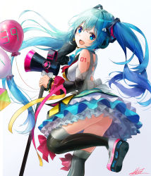 Rule 34 | 1girl, 39, :d, absurdres, aqua hair, bad id, bad pixiv id, balloon, blue eyes, blue hair, detached sleeves, from side, hatsune miku, highres, long hair, looking at viewer, magical mirai (vocaloid), magical mirai miku, magical mirai miku (2018), number tattoo, open mouth, shi-ro, sidelocks, skirt, smile, solo, tattoo, thighhighs, twintails, very long hair, vocaloid, white background