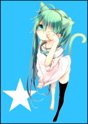 Rule 34 | 1girl, ahoge, animal ears, black thighhighs, blue eyes, blue hair, cat ears, cat girl, cat tail, female focus, green eyes, green hair, hatsune miku, highres, long hair, matching hair/eyes, multicolored hair, naked sweater, naoto (tulip), paw pose, simple background, single thighhigh, sleeves past wrists, sleeves pushed up, solo, standing, star (symbol), straight hair, sweater, tail, thighhighs, twintails, very long hair, vocaloid