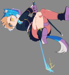 Rule 34 | 1girl, animal ear fluff, animal ears, asagi (bombergirl), belt, black footwear, black skirt, blue hair, blue tail, bombergirl, breasts, buttons, gloves, grey background, highres, holding, holding sword, holding weapon, katana, large breasts, long sleeves, miniskirt, multicolored hair, multicolored tail, orange hair, pleated skirt, sasaki rindou, short hair, simple background, skirt, slit pupils, solo, sword, tail, thigh strap, two-tone tail, v-shaped eyebrows, weapon, white belt, white gloves, white hair, white tail, wolf ears, wolf girl, wolf tail, yellow eyes