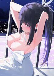 Rule 34 | 1girl, absurdres, adjusting hair, areola slip, armpits, arms up, black hair, blue archive, blush, breasts, building, cleavage, collarbone, commentary request, covered navel, dress, halo, hands in own hair, highres, long hair, looking at viewer, mechanical halo, medium breasts, memekko, mouth hold, multicolored hair, night, ponytail, purple hair, saori (blue archive), saori (dress) (blue archive), sideboob, sidelocks, solo, streaked hair, two-tone hair, white dress, window
