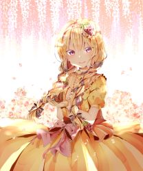 Rule 34 | 1girl, absurdres, alternate hairstyle, animal, bad id, bad pixiv id, bang dream!, blonde hair, braid, chipmunk, commentary request, dress, earrings, flower, flower earrings, food-themed hair ornament, grape hair ornament, hair flower, hair ornament, hair ribbon, hairband, highres, holding, holding animal, jewelry, long hair, looking at viewer, open mouth, petals, pink flower, pink ribbon, purple eyes, ribbon, seno (senohime), shirasagi chisato, short sleeves, smile, solo, squirrel, striped ribbon, twin braids, white flower, wisteria, yellow dress