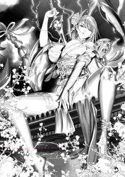 Rule 34 | 1girl, bare shoulders, breasts, cherry blossoms, cleavage, drawing sword, electricity, genshin impact, highres, holding, holding sword, holding weapon, human scabbard, japanese clothes, large breasts, liang xing, lightning, long hair, looking at viewer, monochrome, nail polish, paid reward available, pelvic curtain, purple hair, raiden shogun, paid reward available, sitting, solo, sword, tagme, thighhighs, weapon