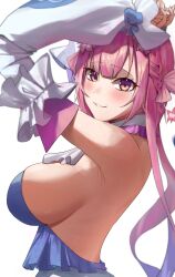 Rule 34 | 1girl, absurdres, armpits, arms up, blue dress, blue hair, blush, bow, breasts, detached sleeves, dress, frilled dress, frilled sleeves, frills, from side, gradient hair, hair bow, highres, indie virtual youtuber, large breasts, long hair, looking at viewer, multicolored hair, nayuyu1105, parted lips, pink bow, pink hair, sideboob, simple background, smile, solo, tsumuka aisha, upper body, virtual youtuber, white background, white sleeves, yellow eyes