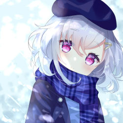 Rule 34 | 1girl, absurdres, bad id, bad pixiv id, blush, buttons, forgotten artist, genshin impact, hair between eyes, hair ornament, hairclip, hat, highres, long sleeves, looking at viewer, purple eyes, purple hair, purple hat, qiqi (genshin impact), scarf, short hair, snow, snowing, solo, winter clothes