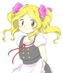 Rule 34 | 1girl, alternate hairstyle, apron, arms behind back, black skirt, black vest, blonde hair, bow, buttons, closed mouth, frilled apron, frills, hair bow, kirisame marisa, long hair, nonamejd, official style, pink bow, puffy short sleeves, puffy sleeves, short sleeves, simple background, skirt, skirt set, smile, solo, touhou, vest, waist apron, white apron, white background, yellow eyes, zun (style)