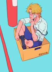 Rule 34 | 1boy, aged down, bandage on face, bandages, bandaid, bandaid on face, bandaid on nose, black socks, blonde hair, blood, blue shorts, box, brown eyes, bruise, cardboard box, closed mouth, dio brando, dirty, dirty clothes, highres, honlo, in box, in container, injury, jojo no kimyou na bouken, looking to the side, male focus, phantom blood, shirt, short hair, shorts, sitting, sleeves rolled up, socks, solo, suspenders, white shirt