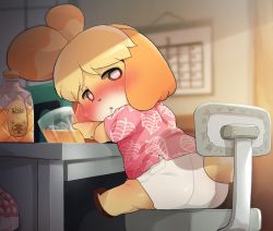 Rule 34 | 1girl, alcohol, animal crossing, blurry, blurry background, blush, bottle, calendar (object), cup, dagashi (daga2626), desk, dog girl, drinking glass, drooling, drunk, hawaiian shirt, isabelle (animal crossing), leaf print, looking at viewer, nintendo, shirt, sitting, skirt, solo, whiskey