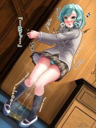 Rule 34 | 1girl, artist name, bang dream!, black socks, blue footwear, blue hair, blue panties, blush, bow, braid, brown skirt, buttons, commission, crying, door, drooling, dutch angle, embarrassed, female focus, flat chest, green eyes, grey jacket, hair bow, heart, heel up, hikawa hina, indoors, jacket, japanese text, kneehighs, legs, locked, long sleeves, medium hair, miniskirt, mouth drool, nose blush, open mouth, panties, pantyshot, pee, peeing, peeing self, plaid, plaid skirt, pleated skirt, pocket, puddle, raised eyebrows, school uniform, shoes, sidelocks, signature, skeb commission, skirt, soba chatarou (tita), socks, solo, spoken heart, standing, steam, sweat, talking, tears, teeth, thighs, translation request, trembling, twin braids, underwear, upskirt, wet, wet clothes, wet panties, yellow bow