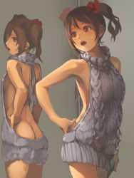 Rule 34 | 10s, 1girl, :o, ass, backless outfit, bare back, black hair, blush, bow, breasts, butt crack, commentary request, cowboy shot, dress, foge, hair bow, hand on own hip, highres, looking at mirror, love live!, love live! school idol project, meme attire, mirror, no bra, red bow, red eyes, reflection, small breasts, solo, sweater, sweater dress, twintails, virgin killer sweater, yazawa nico