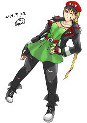 Rule 34 | 1girl, absurdres, alternate costume, belt, blonde hair, blue eyes, braid, cabbie hat, cammy white, casual, dress, fingerless gloves, gloves, green dress, hand on own hip, hat, highres, jacket, jewelry, leather, leather jacket, long hair, necklace, pants, samidare satsuki, scar, shoes, sneakers, solo, street fighter, street fighter iv (series), torn clothes, torn pants, twin braids