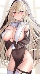 Rule 34 | 1girl, blonde hair, blush, breast curtains, breasts, brown dress, cleavage, covered navel, cowboy shot, cross, dress, earrings, elf, groin, highres, jewelry, large breasts, long hair, long sleeves, looking at viewer, nibosi, no panties, nun, original, parted lips, pink eyes, pointy ears, revealing clothes, solo, thigh strap, thighhighs, thighs, veil, very long hair, white thighhighs