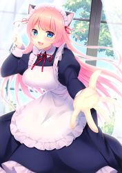 Rule 34 | 1girl, :3, :d, absurdres, animal ears, apron, bad id, bad pixiv id, blue dress, blue eyes, blue sky, blush, breasts, cat ears, cat girl, curtains, day, dress, dutch angle, fang, foreshortening, frilled apron, frills, hair ribbon, highres, hio (hiohio0306), indoors, juliet sleeves, large breasts, long hair, long sleeves, looking at viewer, maid, maid headdress, open mouth, original, outstretched hand, pink hair, puffy sleeves, red ribbon, ribbon, sky, smile, solo, swept bangs, tree, window