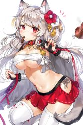 Rule 34 | 1girl, animal ears, armpit peek, azur lane, blush, breasts, budget sarashi, cape, cleavage, collar, commentary, dog ears, dog tail, flower, food, front-seamed legwear, gijang, grey hair, hair flower, hair ornament, large breasts, leg up, long hair, looking at viewer, meat, miniskirt, mouth hold, nail polish, navel, red eyes, red skirt, sarashi, seamed legwear, skirt, solo, sparkle, spiked collar, spikes, sweatdrop, tail, tattoo, thick eyebrows, thighhighs, underboob, very long hair, white thighhighs, yuudachi (azur lane), yuudachi (shogun of snowballs) (azur lane), zettai ryouiki