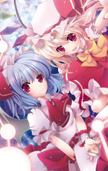 Rule 34 | 2girls, ascot, bat wings, blonde hair, blue hair, bow, brooch, dress, fang, female focus, flandre scarlet, hat, hat ribbon, jewelry, looking at viewer, multiple girls, open mouth, puffy sleeves, red dress, red eyes, remilia scarlet, ribbon, short sleeves, siblings, side ponytail, sisters, smile, touhou, white dress, wings, wrist cuffs, yanagise
