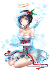 Rule 34 | 1girl, bad id, bad pixiv id, bare shoulders, blue eyes, breasts, cleavage, dress, elbow gloves, fake halo, gloves, hair ornament, halo, hobak, large breasts, original, skirt, solo, white gloves, wings
