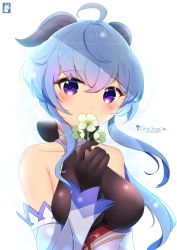 Rule 34 | ahoge, artist name, bare shoulders, bell, black gloves, blue hair, blush, breasts, chinchongcha, collarbone, curled horns, detached sleeves, flower, ganyu (genshin impact), genshin impact, gloves, gold trim, highres, holding, holding flower, horns, large breasts, long hair, looking at viewer, multicolored eyes, neck bell, qingxin flower, sidelocks, solo, upper body, white flower, white sleeves