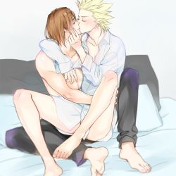 Rule 34 | 2boys, barefoot, bed, bed sheet, bedroom, black pants, blonde hair, blush, bottomless, brown hair, closed eyes, indoors, kiss, long sleeves, male focus, multiple boys, naked shirt, one outs, pants, pillow, shirt, topless male, sic77, sitting, sitting on lap, sitting on person, spiked hair, takami itsuki, tokuchi toua, white shirt, yaoi